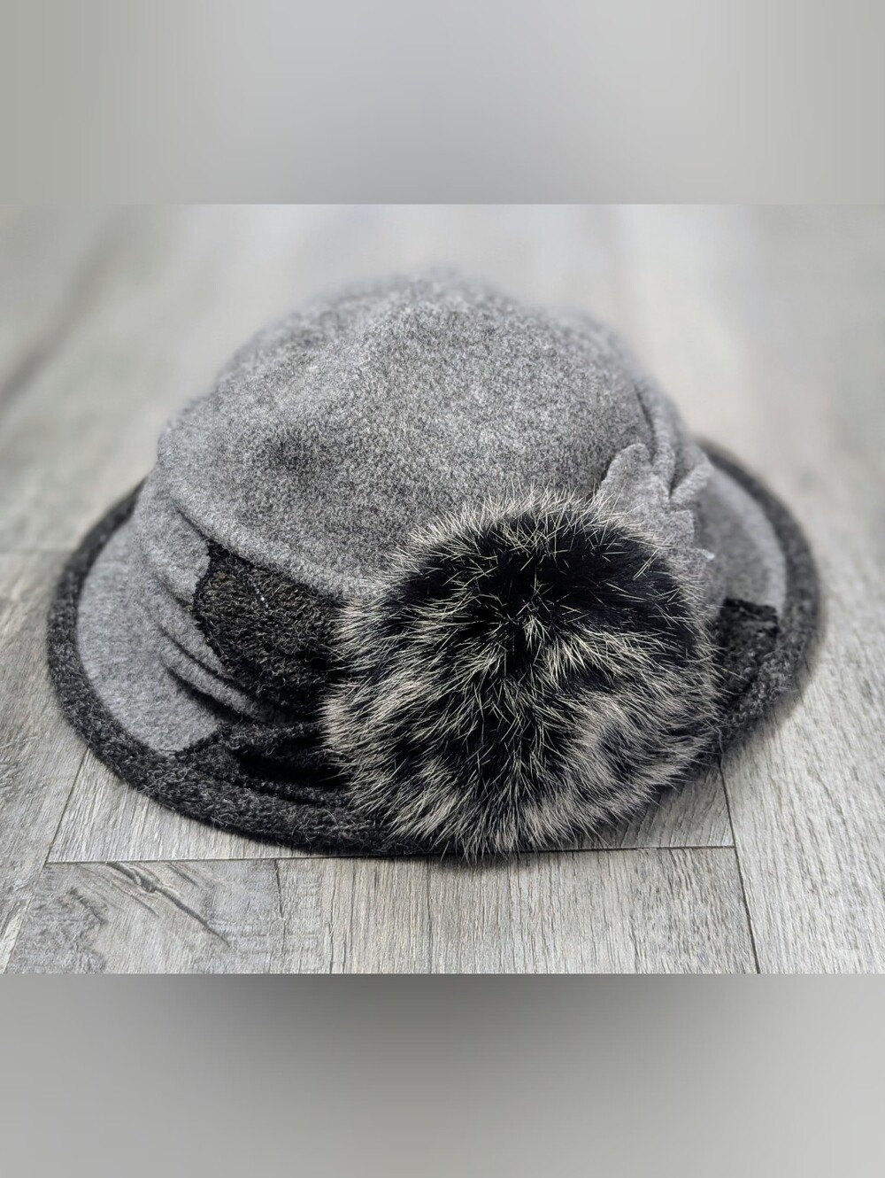 Forbusite Boiled 100% Wool Cloche Hat w/Ruched Crown and Fuzzy Pom NWOT